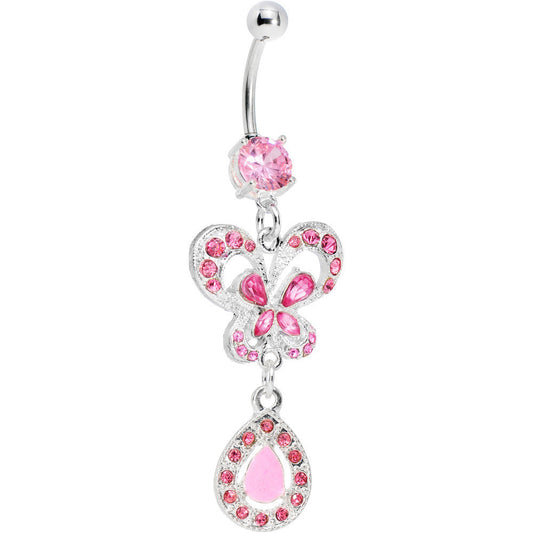 Pink Gem Butterfly Teardrop Belly Ring