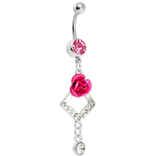 Passion Pink Gem Rose Flower Drops Belly Ring