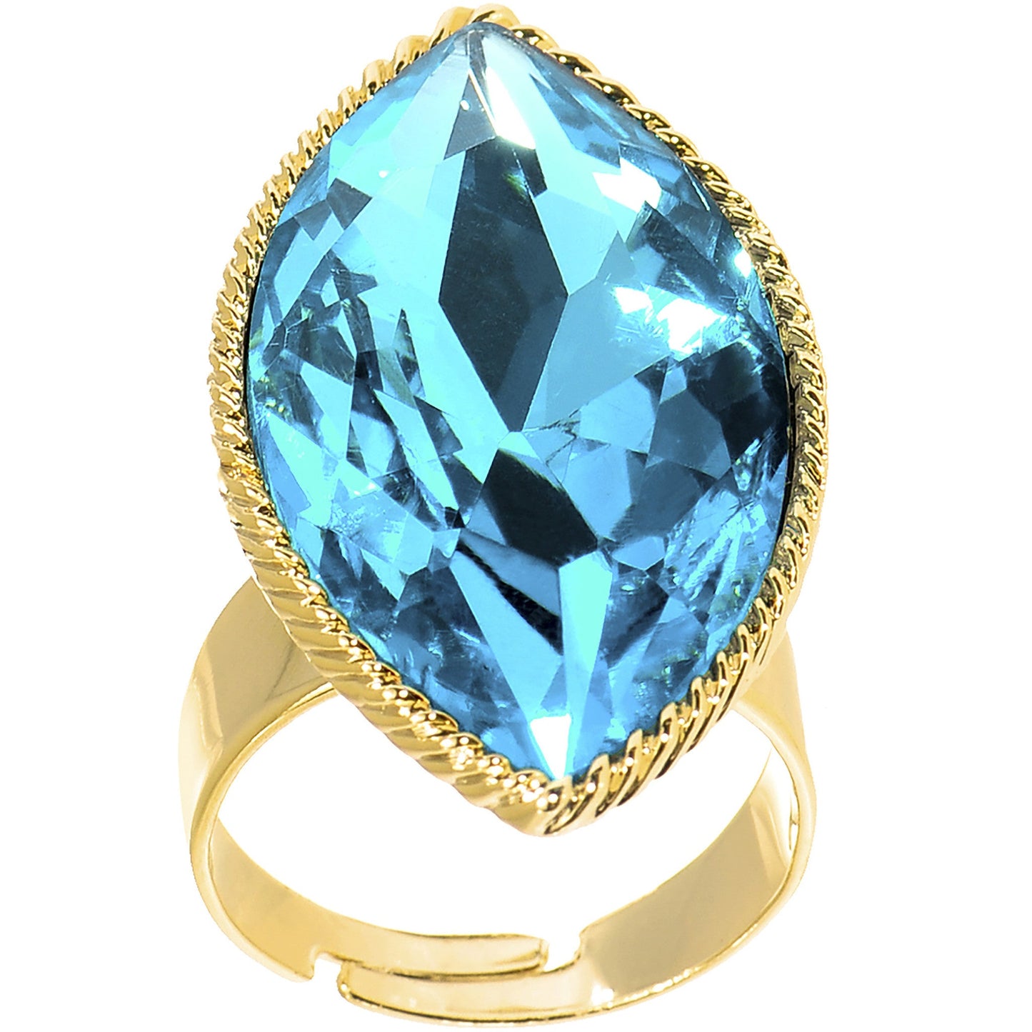 Gold Tone Aqua Faceted Teardrop Adjustable Ring