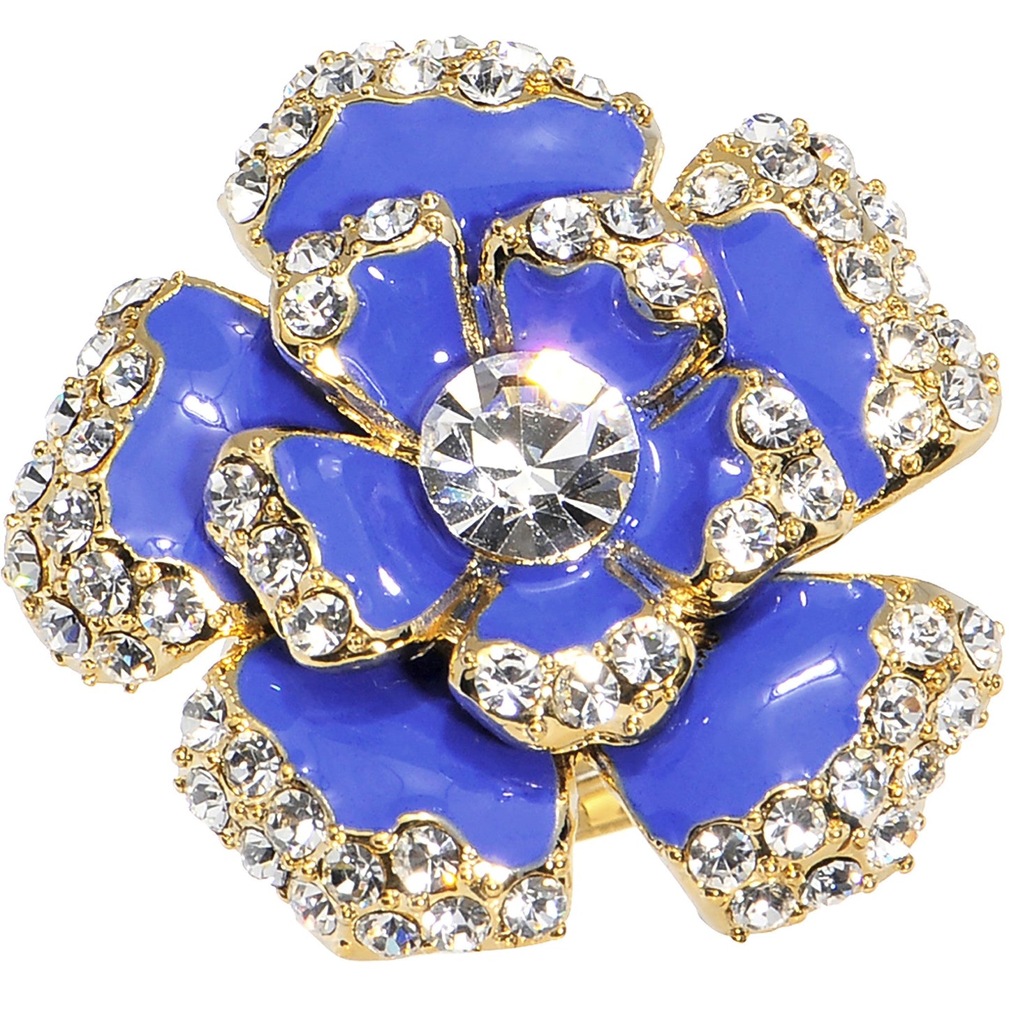 Gold Tone Crystalline Blue Enamel Flower Adjustable Ring