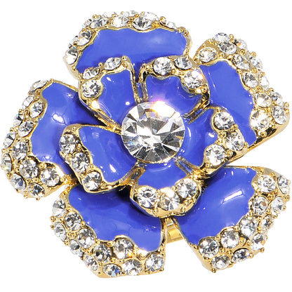 Gold Tone Crystalline Blue Enamel Flower Adjustable Ring