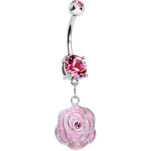 Pink Gem Rose Flower in Bloom Belly Ring