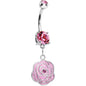 Pink Gem Rose Flower in Bloom Belly Ring