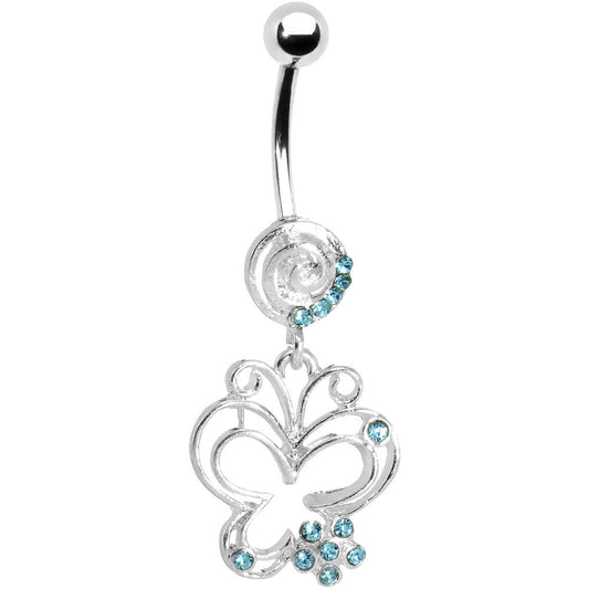 Aqua Gem Flower Butterfly Swirl Dangle Belly Ring