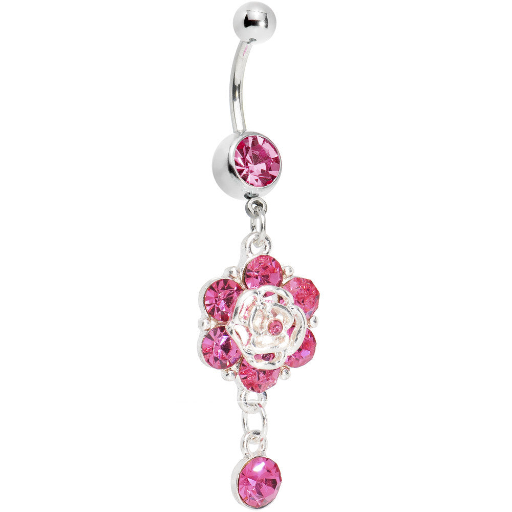 Pink Gem Fancy Flower Dew Drop Belly Ring