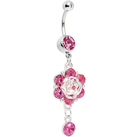 Pink Gem Fancy Flower Dew Drop Belly Ring