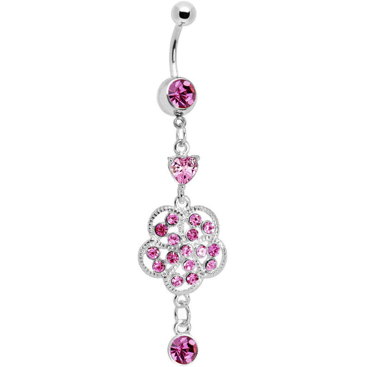 Pink Gem Floral Enchantment Dangle Belly Ring