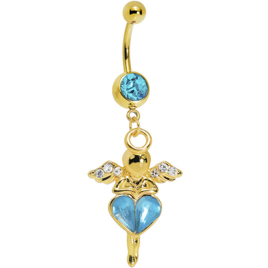Gold Plated Aqua Gem Heart of an Angel Belly Ring