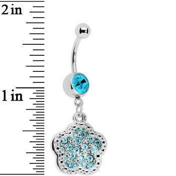 Aqua Gem Paved Flower Dotted Line Belly Ring