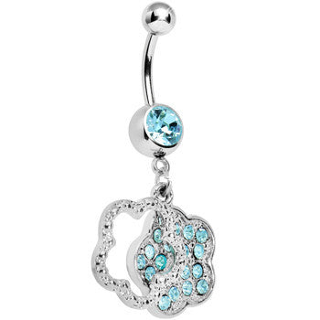 Aqua Gem Paved Flower Dotted Line Belly Ring