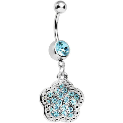 Aqua Gem Paved Flower Dotted Line Belly Ring