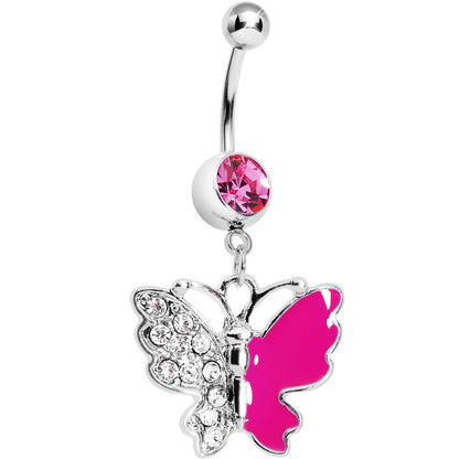 Pink Gem Enamel Butterfly Belly Ring