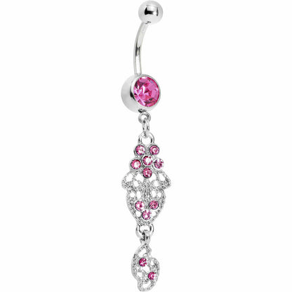 Pink Gem Floral Lace Filigree Dangle Belly Ring
