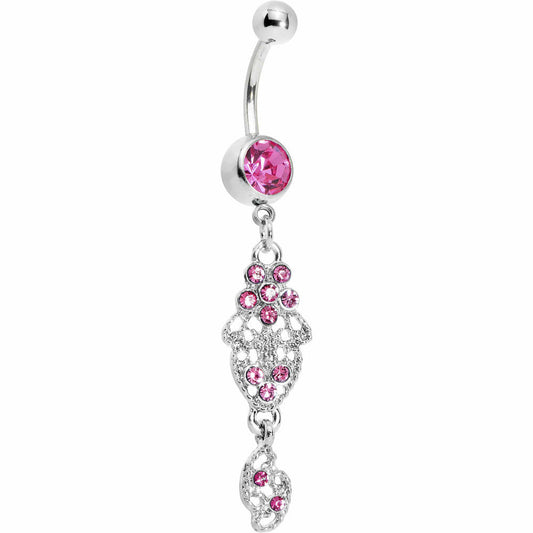 Pink Gem Floral Lace Filigree Dangle Belly Ring