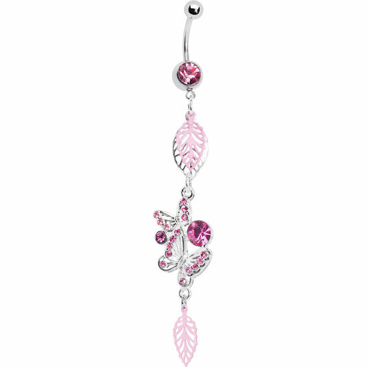 Pink Gem Dual Butterfly Falling Leaf Belly Ring