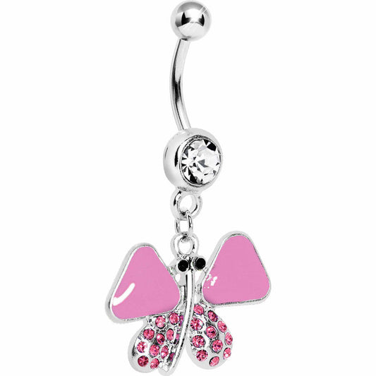 Pink Enamel Jeweled Butterfly Dangle Belly Ring