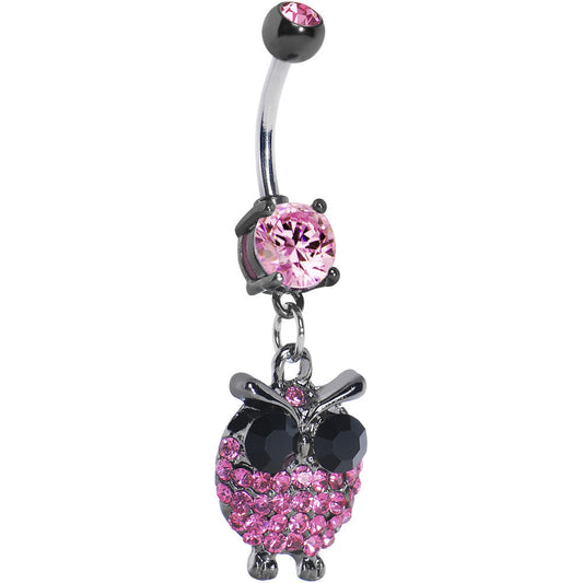 Pink Gem Paved Owl Dangle Belly Ring