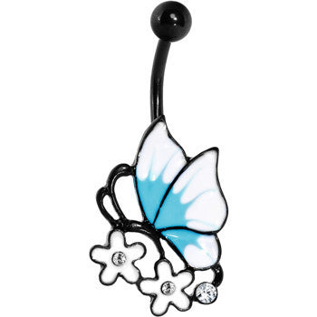 Clear Gem Black Blue Burst White Butterfly Flower Belly Ring