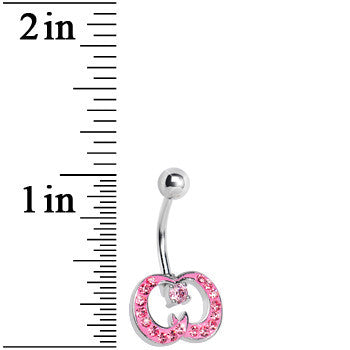 Pink Gem Paved Crescent Ribbon Curls Belly Ring