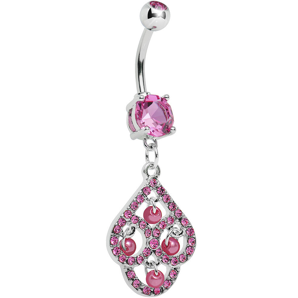 Pink Gem Faux Pearl Swirl Dangle Belly Ring