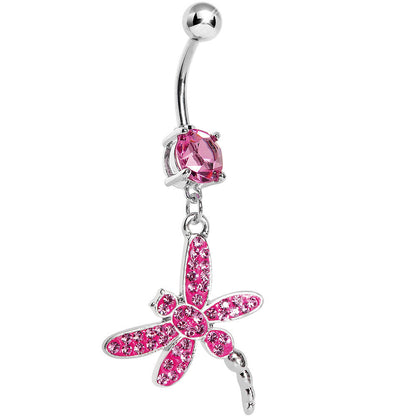 Pink Gem Paved Dragonfly Dangle Belly Ring