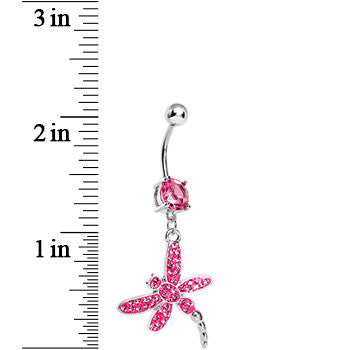 Pink Gem Paved Dragonfly Dangle Belly Ring