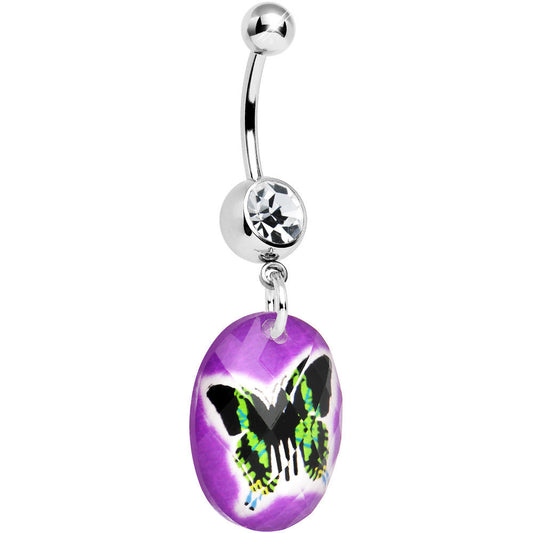 Purple Gem Black Butterfly Dangle Belly Ring