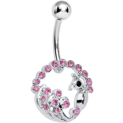 Pink Gem Paved Preening Peacock Belly Ring