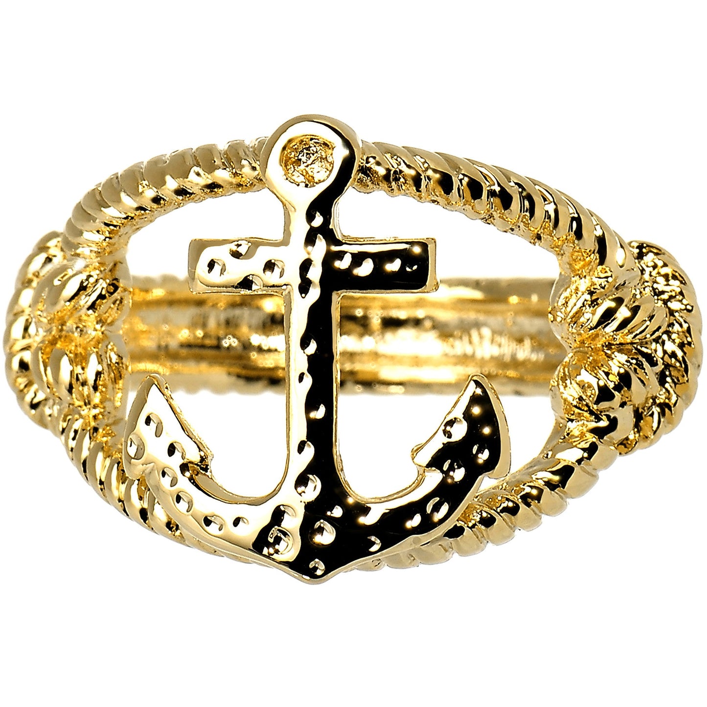 Gold Tone Nautical Anchor with Rope Ring - Size 7