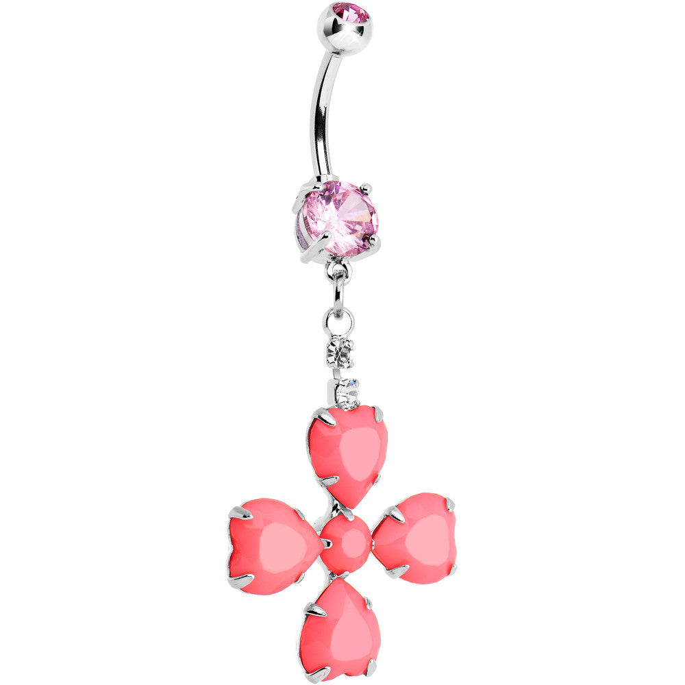 Pink Gem Neon Four Leaf Flower Dangle Belly Ring