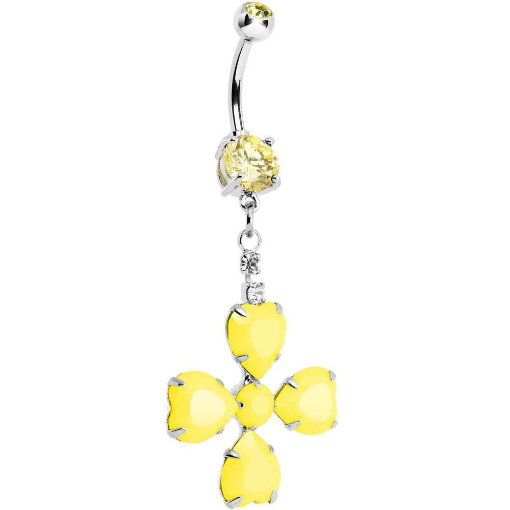 Yellow Gem Neon Four Leaf Flower Dangle Belly Ring