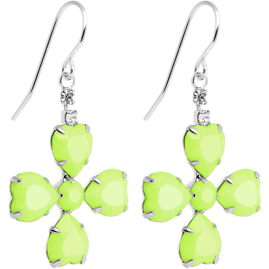 Clear Gem Green Neon Four Leaf Clover Dangle Earrings