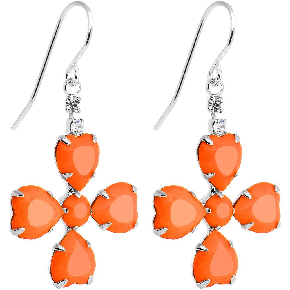 Clear Gem Orange Neon Four Leaf Flower Dangle Earrings