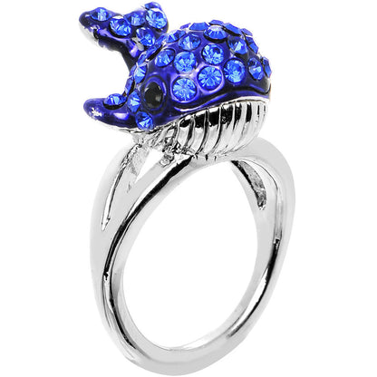 Size 7 Blue Gem Silver Tone Paved Splashing Whale Ring