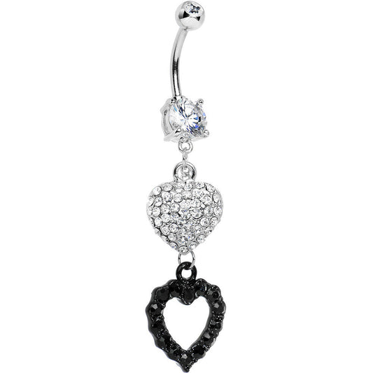 Crystalline Gem Paved Heart Black Gem Hollow Heart Dangle Belly Ring
