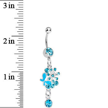 Single Gem Aqua Floral Burst Butterfly Dangle Belly Ring