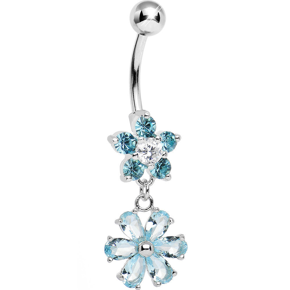 Aqua Gem Double Flower Charm Dangle Belly Ring