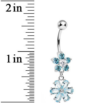 Aqua Gem Double Flower Charm Dangle Belly Ring