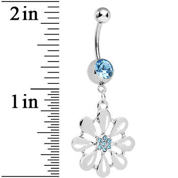 Aqua Gem Pretty White Petals Flower Charm Belly Ring