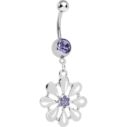 Purple Gem Pretty White Petals Flower Charm Belly Ring