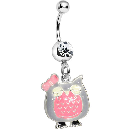 Clear Gem Kooky Pink Owl Charm Dangle Belly Ring