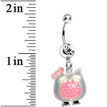 Clear Gem Kooky Pink Owl Charm Dangle Belly Ring