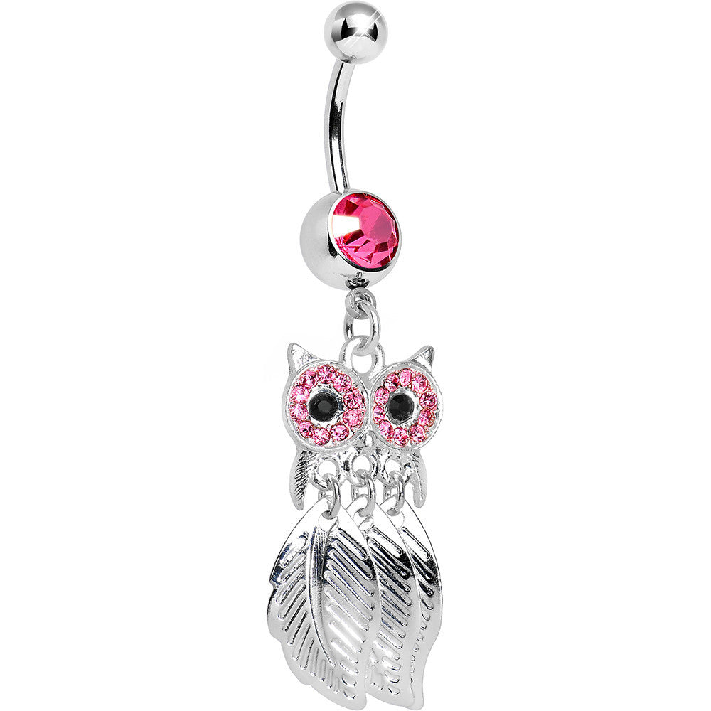 Clear Gem Pink Majestic Owl Leaves Dangle Belly Ring