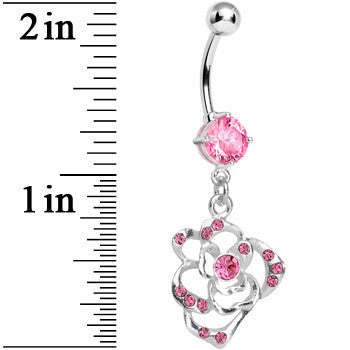 Pink Gem Heavenly Hollow Rose Flower Dangle Belly Ring