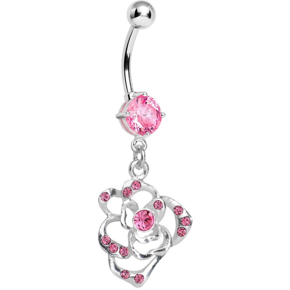 Pink Gem Heavenly Hollow Rose Flower Dangle Belly Ring