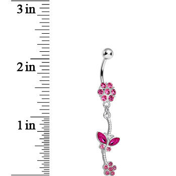 Pink Gem Delicate Delight Butterfly Flower Dangle Belly Ring