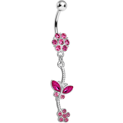 Pink Gem Delicate Delight Butterfly Flower Dangle Belly Ring