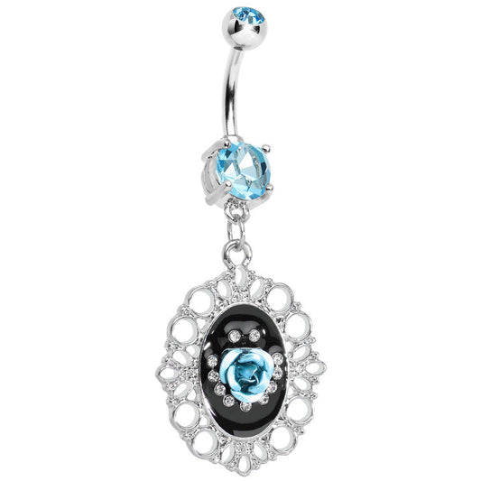 Aqua Gem Fantasy in Bloom Light Blue Rose Flower Dangle Belly Ring