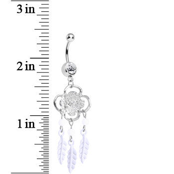 Clear Gem and White Feathers Flowered Dreamcatcher Dangle Belly Ring