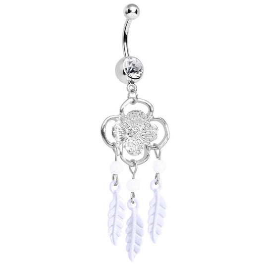 Clear Gem and White Feathers Flowered Dreamcatcher Dangle Belly Ring